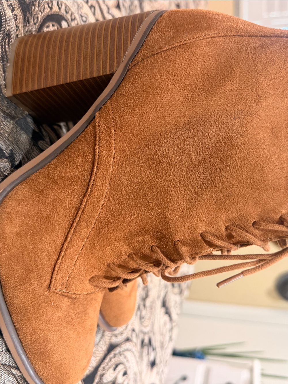 Soda Cognac Lace-Up Suede Block Heel Ankle Boots
